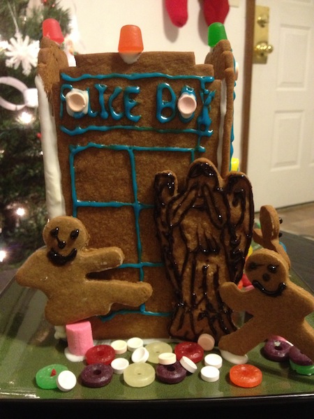 Gingerbread Tardis with companions and weeping angel