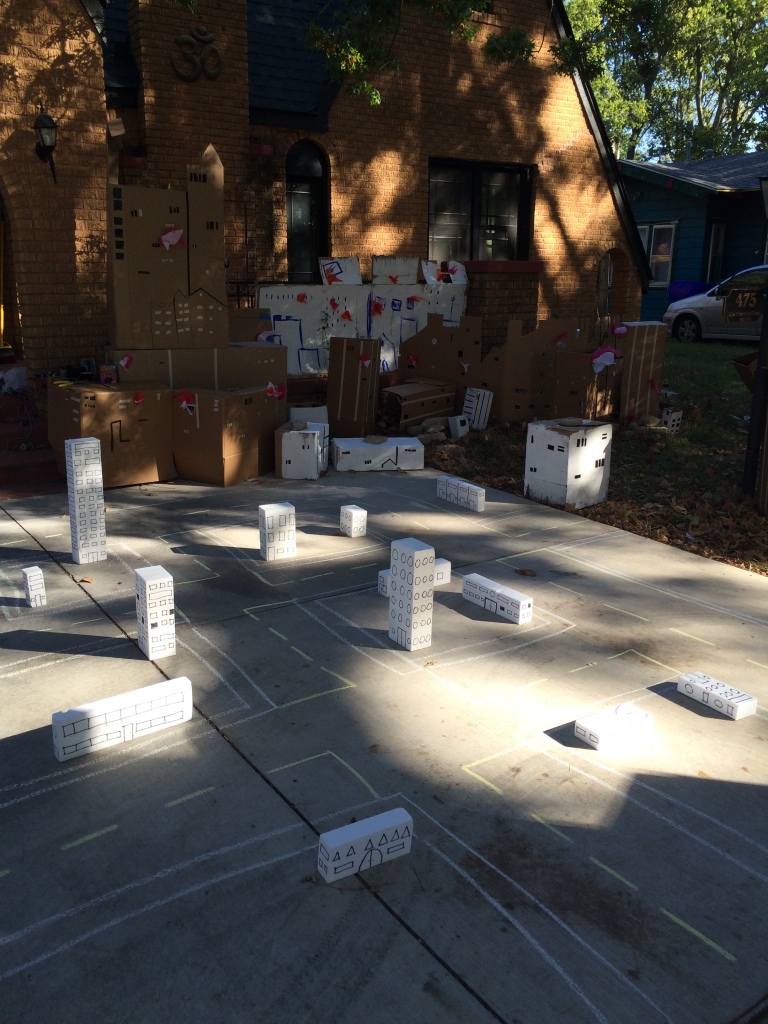 People were allowed to kick down the white styrofoam blocks for fun