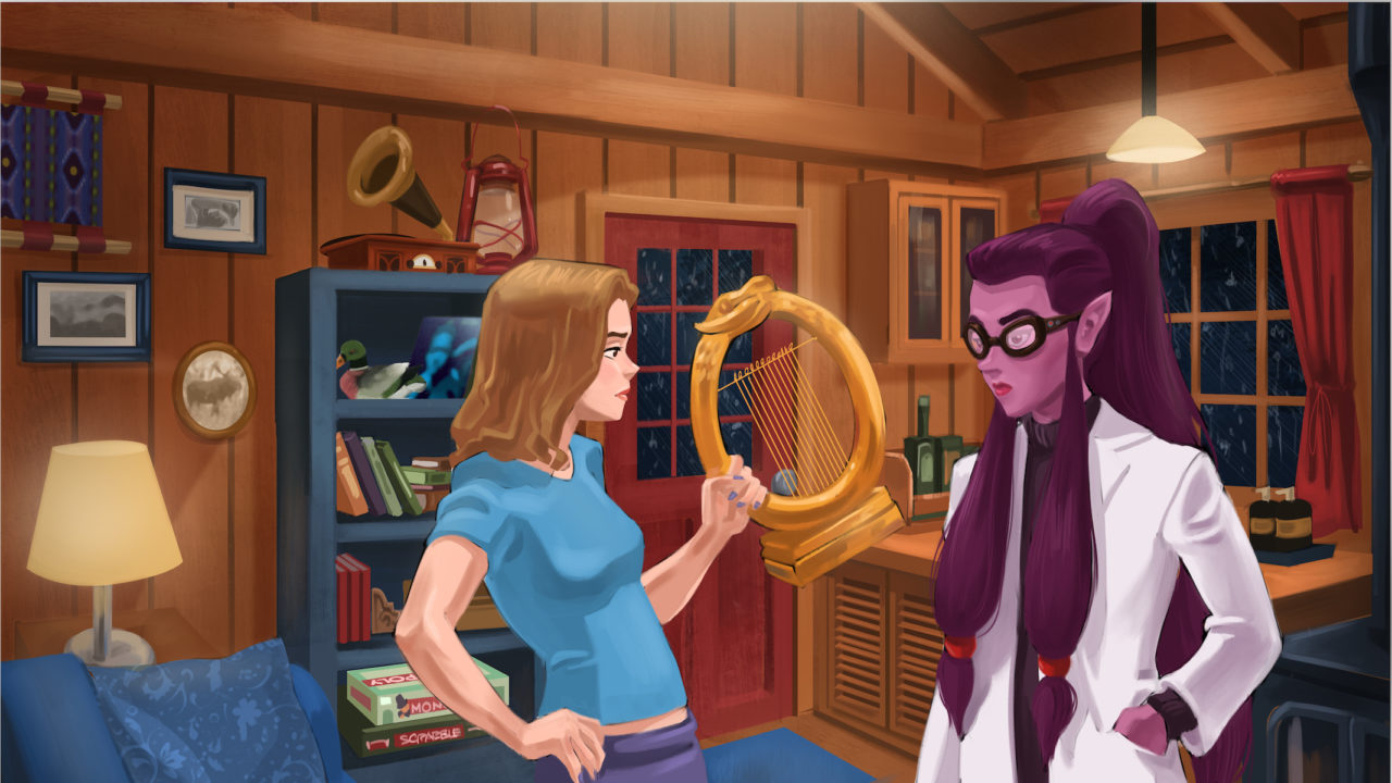 A drawing by Mikey Marchan with a blond woman holding a lyre who is angry with the purple alien in a white lab coat for giving her the cursed object.