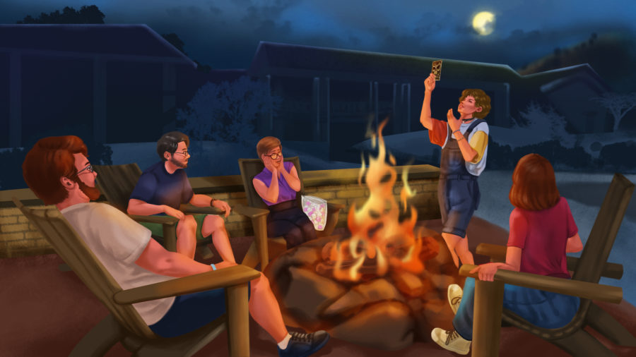 Five young adults are gathered around a campfire on a full moon night as one of them stands up holding up a card with a skull as they tell a horror story