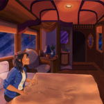 A drawing of a young adult woman waking up in a fancy train high that's in outer space as two people on a TV screen explain that she is on a game show.