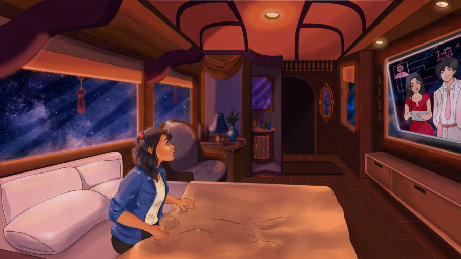 A drawing of a young adult woman waking up in a fancy train high that's in outer space as two people on a TV screen explain that she is on a game show.