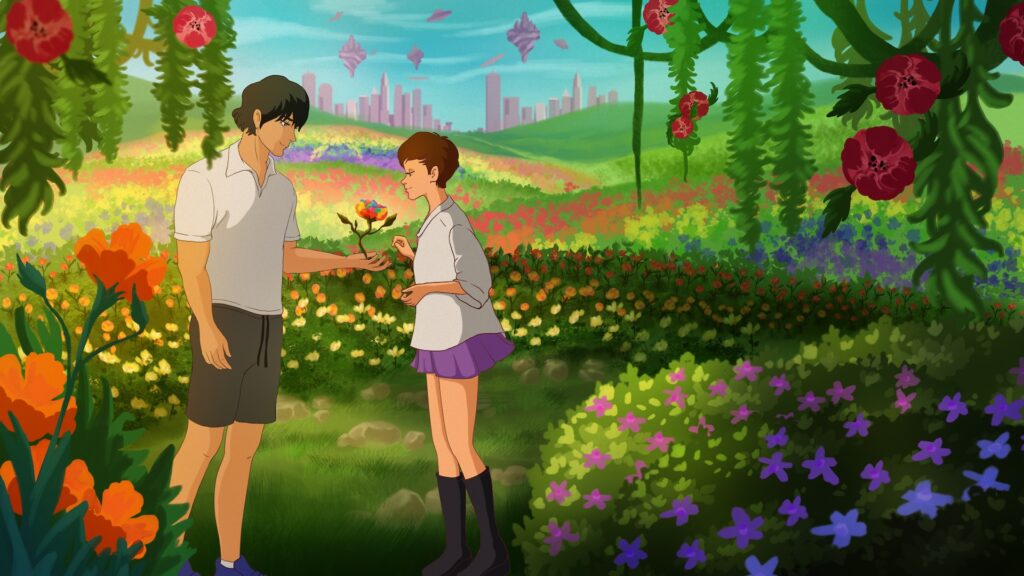 Artwork with a man and a woman in a field of flowers with a sci-fi background.